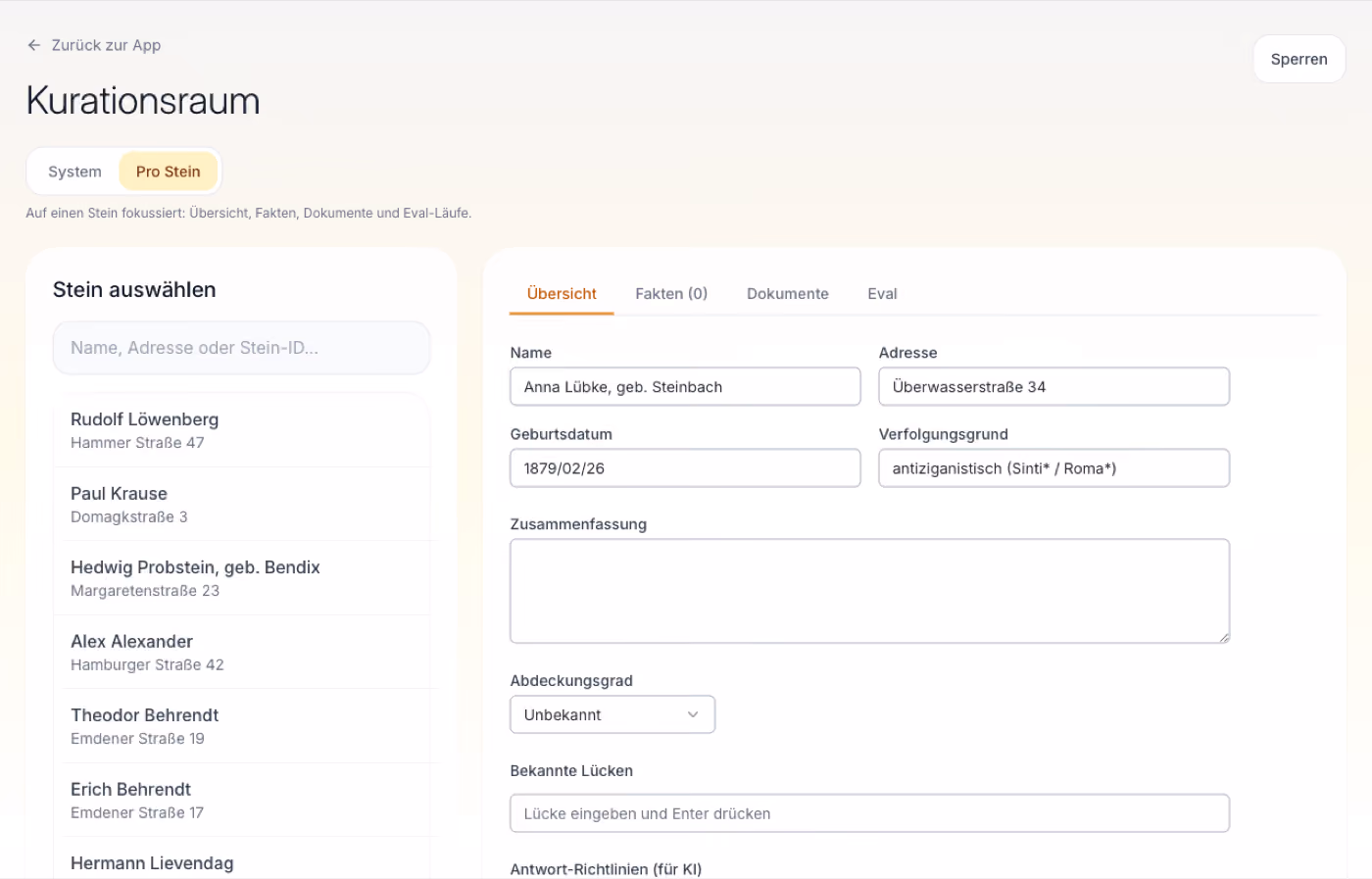 Kurations-Oberfläche mit Stein-Datensatz, Eingabefeldern und einer Liste bekannter Lücken
